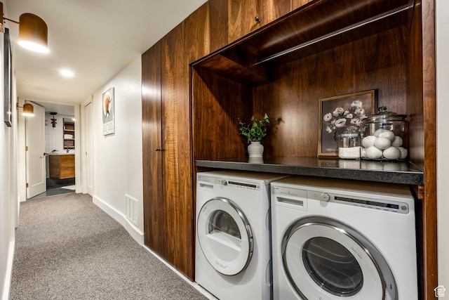 4279 S Lares Cir, Salt Lake City, UT 84124 - laundry area featuring washing machine and clothes dryer, carpet floors, and baseboards