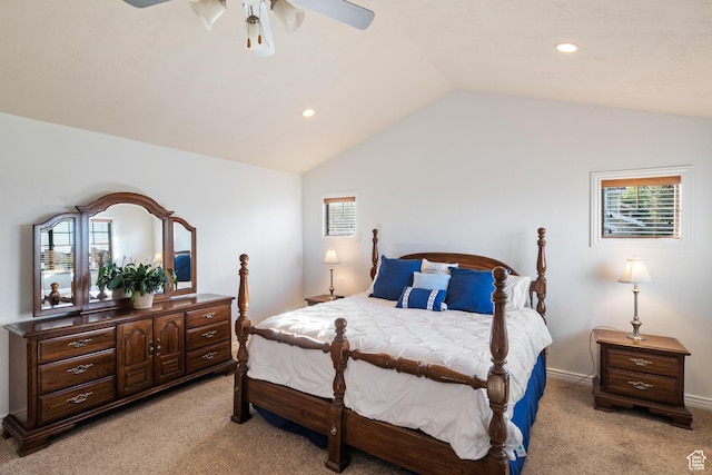 2706 W Falcon Ridge Way, Lehi, UT 84043 - bedroom featuring light carpet, lofted ceiling, multiple windows, recessed lighting, and a ceiling fan