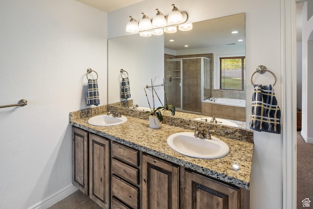 2706 W Falcon Ridge Way, Lehi, UT 84043 - bathroom with a shower stall, double vanity, a garden tub, and baseboards