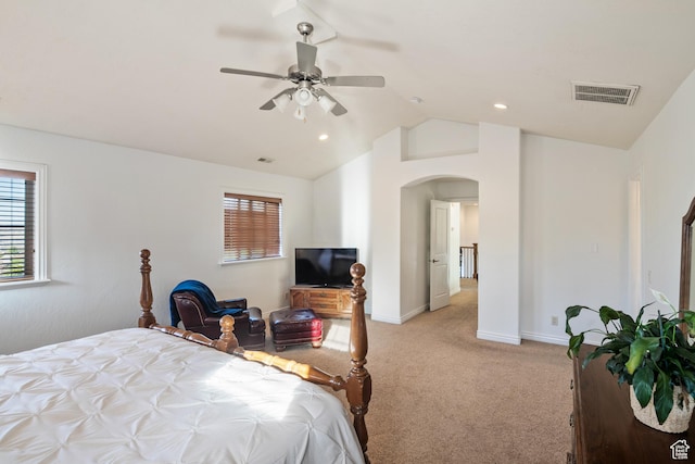 2706 W Falcon Ridge Way, Lehi, UT 84043 - bedroom featuring arched walkways, vaulted ceiling, light colored carpet, baseboards, and a ceiling fan