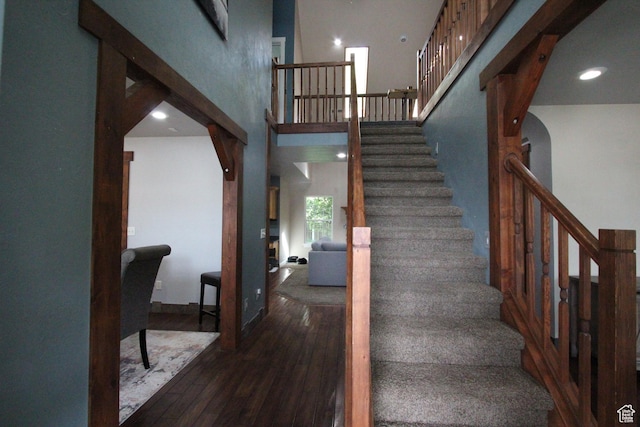463 E 200 N, Mapleton, UT 84664 - staircase with wood finished floors, a towering ceiling, and recessed lighting