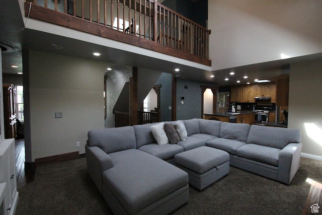 463 E 200 N, Mapleton, UT 84664 - living room with dark carpet, a high ceiling, and recessed lighting