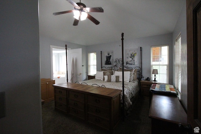 463 E 200 N, Mapleton, UT 84664 - bedroom featuring vaulted ceiling, ceiling fan, ensuite bathroom, and dark colored carpet