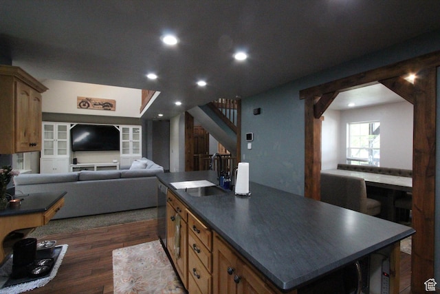 463 E 200 N, Mapleton, UT 84664 - kitchen with dark countertops, a center island, open floor plan, dark wood finished floors, and recessed lighting