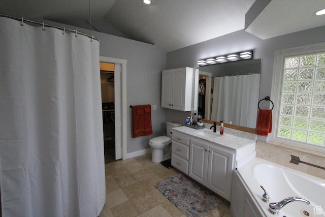 463 E 200 N, Mapleton, UT 84664 - bathroom with lofted ceiling, healthy amount of natural light, vanity, a bath, and a shower with curtain