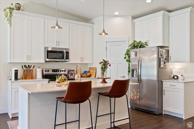 1008 N Vista Loop, Morgan, UT 84050 - kitchen featuring appliances with stainless steel finishes, recessed lighting, dark wood-style flooring, white cabinets, and vaulted ceiling