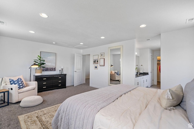 bedroom with carpet floors, recessed lighting, and baseboards
