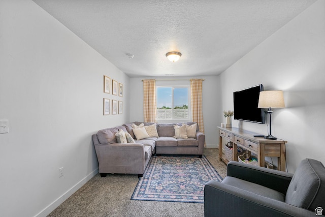 carpeted living room featuring baseboards and a textured ceiling