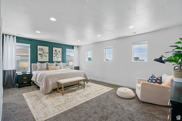 bedroom featuring carpet flooring, a textured ceiling, recessed lighting, and baseboards