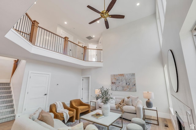 1309 W 1870 N, Provo, UT 84604 - living area featuring a high ceiling, ceiling fan, stairway, light wood-style floors, and recessed lighting