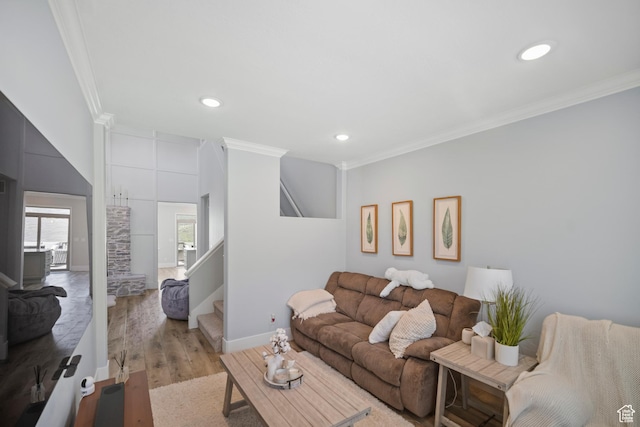 living room featuring ornamental molding, stairway, recessed lighting, light wood-type flooring, and baseboards
