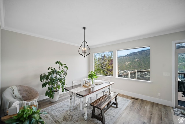 dining area featuring plenty of natural light, a chandelier, ornamental molding, wood finished floors, and baseboards
