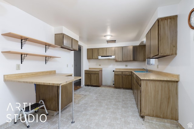kitchen with open shelves, under cabinet range hood, a sink, a peninsula, and light countertops