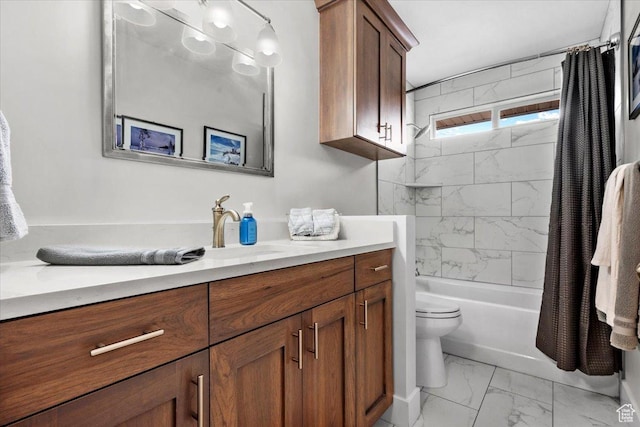 10539 S Haven View Ct W, South Jordan, UT 84095 - full bathroom featuring marble finish floors, toilet, shower / bathtub combination with curtain, and vanity