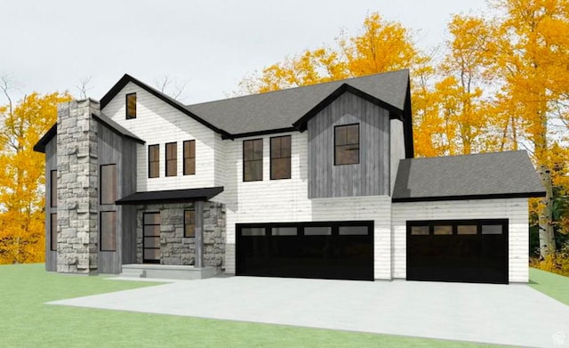 view of front of home featuring stone siding, concrete driveway, an attached garage, and a front lawn