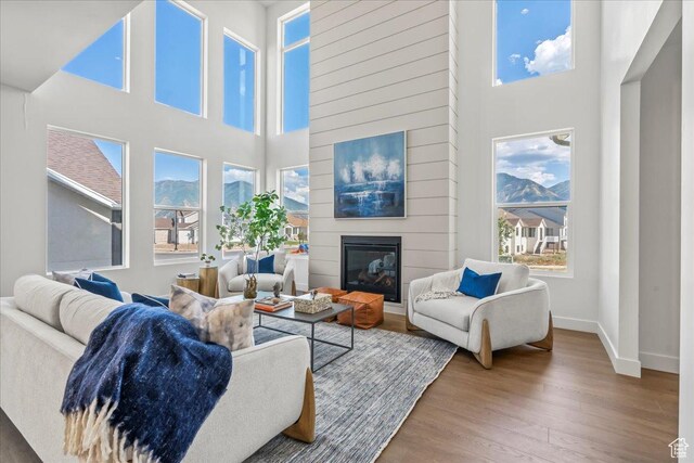living room featuring wood finished floors, a towering ceiling, baseboards, a fireplace, and a mountain view