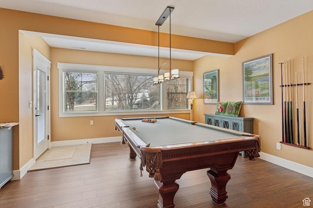 recreation room featuring wood finished floors, baseboards, and billiards table