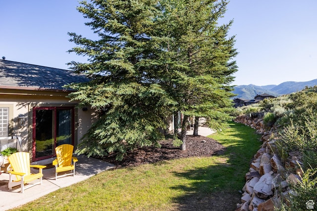 view of green lawn with a mountain view and a patio area