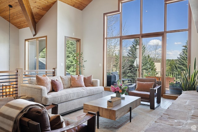 living area featuring wood ceiling, high vaulted ceiling, light wood finished floors, and beam ceiling