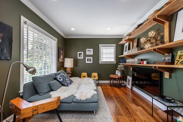 1677 E Yalecrest Ave, Salt Lake City, UT 84105 - living room with crown molding, wood finished floors, recessed lighting, and baseboards