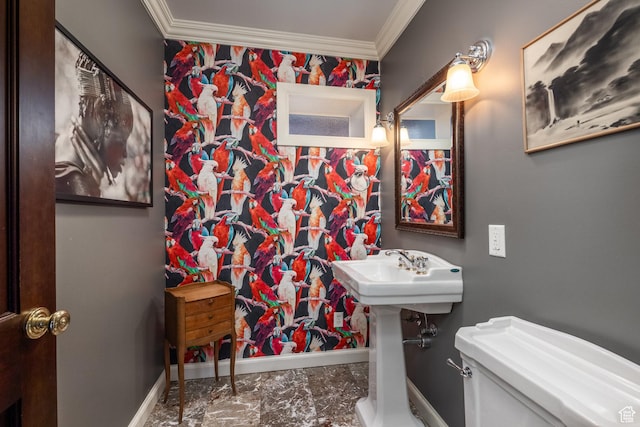 1677 E Yalecrest Ave, Salt Lake City, UT 84105 - half bath with ornamental molding, baseboards, marble finish floors, and toilet