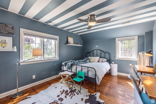 1677 E Yalecrest Ave, Salt Lake City, UT 84105 - bedroom with lofted ceiling, baseboards, wood finished floors, and a ceiling fan