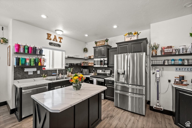 kitchen with stainless steel appliances, open shelves, a sink, decorative backsplash, and light wood-type flooring
