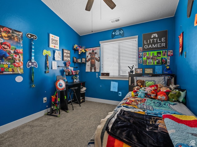 bedroom featuring carpet flooring, baseboards, and a ceiling fan