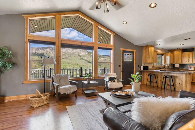 2013 N River View Cir, Huntsville, UT 84317 - living area featuring lofted ceiling, wood finished floors, a textured ceiling, and baseboards