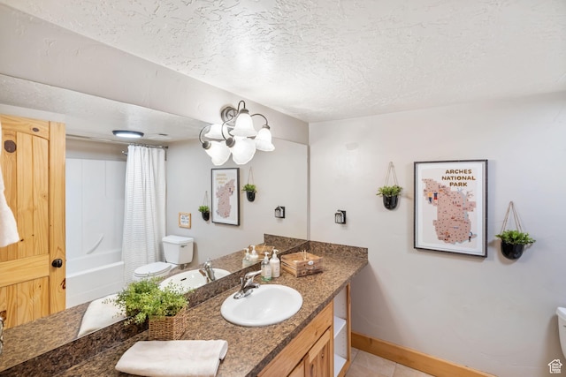 2013 N River View Cir, Huntsville, UT 84317 - full bathroom featuring toilet, vanity, a textured ceiling, shower / bath combo with shower curtain, and tile patterned floors