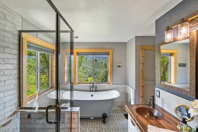 2013 N River View Cir, Huntsville, UT 84317 - bathroom with healthy amount of natural light, a freestanding bath, a shower stall, a textured ceiling, and vanity