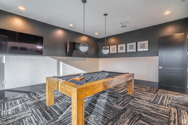 playroom with carpet flooring, pool table, and recessed lighting