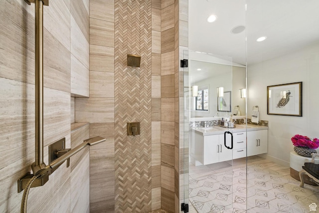 732 S Nebo Cir, Woodland Hills, UT 84653 - bathroom with tiled shower, vanity, tile patterned flooring, recessed lighting, and baseboards