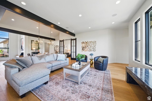 732 S Nebo Cir, Woodland Hills, UT 84653 - living area featuring light wood-style floors, recessed lighting, a chandelier, and beamed ceiling