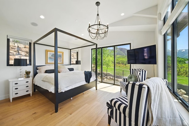 732 S Nebo Cir, Woodland Hills, UT 84653 - bedroom featuring access to exterior, a chandelier, high vaulted ceiling, light wood finished floors, and recessed lighting