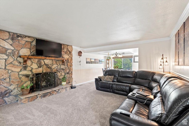 living area featuring carpet, ornamental molding, a stone fireplace, a textured ceiling, and baseboards