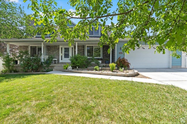 view of front of home with concrete driveway, a front lawn, an attached garage, a porch, and brick siding