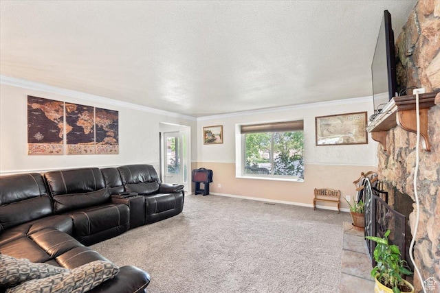 living room with crown molding, a stone fireplace, baseboards, and a textured ceiling