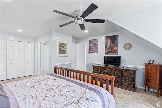 carpeted bedroom with recessed lighting and ceiling fan