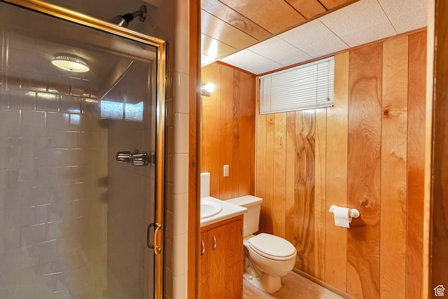274 N 400 E, Hyde Park, UT 84318 - bathroom featuring toilet, a shower stall, wooden walls, and vanity