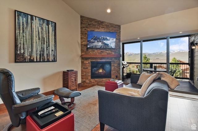 living area with wood finished floors, a stone fireplace, and high vaulted ceiling