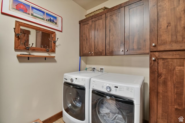 laundry room with cabinet space, separate washer and dryer, and baseboards