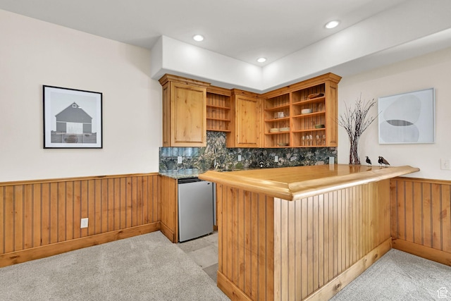 1274 E Chandler, Salt Lake City, UT 84103 - kitchen with dishwasher, wainscoting, open shelves, light carpet, and wood walls
