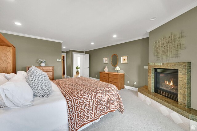 1274 E Chandler, Salt Lake City, UT 84103 - bedroom featuring recessed lighting, crown molding, carpet flooring, a tile fireplace, and baseboards