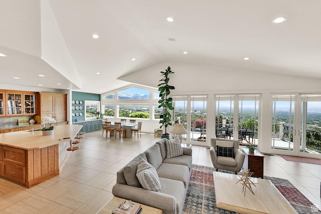 1274 E Chandler, Salt Lake City, UT 84103 - living room featuring recessed lighting, light tile patterned flooring, and high vaulted ceiling