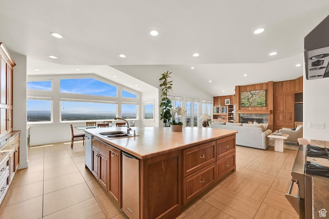 1274 E Chandler, Salt Lake City, UT 84103 - kitchen with a sink, vaulted ceiling, dishwasher, a kitchen island with sink, and recessed lighting