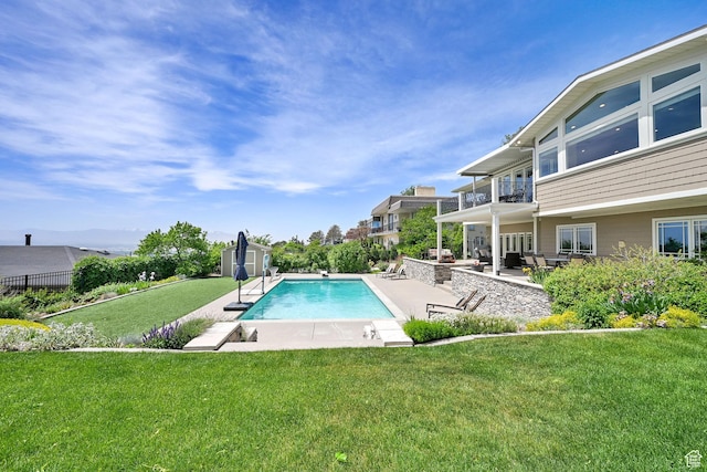 1274 E Chandler, Salt Lake City, UT 84103 - view of swimming pool with a patio area, a shed, an outdoor structure, and a diving board