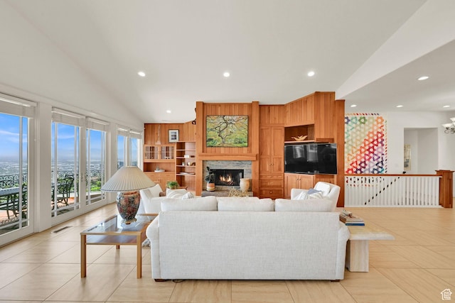 1274 E Chandler, Salt Lake City, UT 84103 - living room with recessed lighting, a fireplace, and lofted ceiling