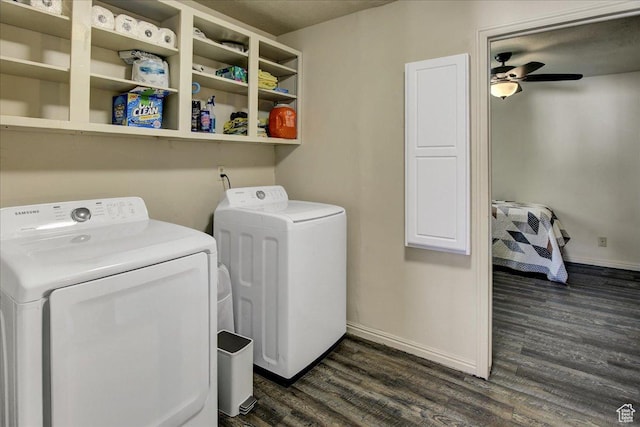 5812 Club View Ln, South Ogden, UT 84405 - clothes washing area with washer and clothes dryer, dark wood finished floors, baseboards, and a ceiling fan