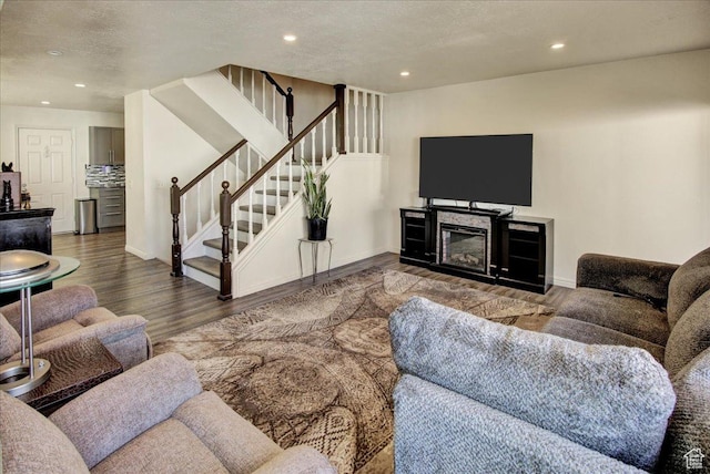 5812 Club View Ln, South Ogden, UT 84405 - living area featuring stairway, wood finished floors, recessed lighting, baseboards, and a textured ceiling